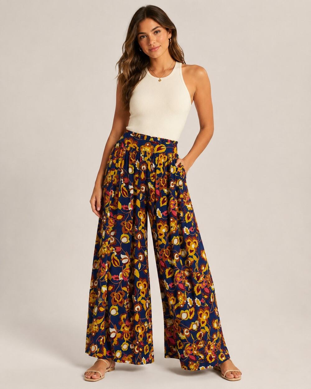 ModCloth Navy Floral Print Wide Leg Pull On Pants Womens XXS Tropical Blue